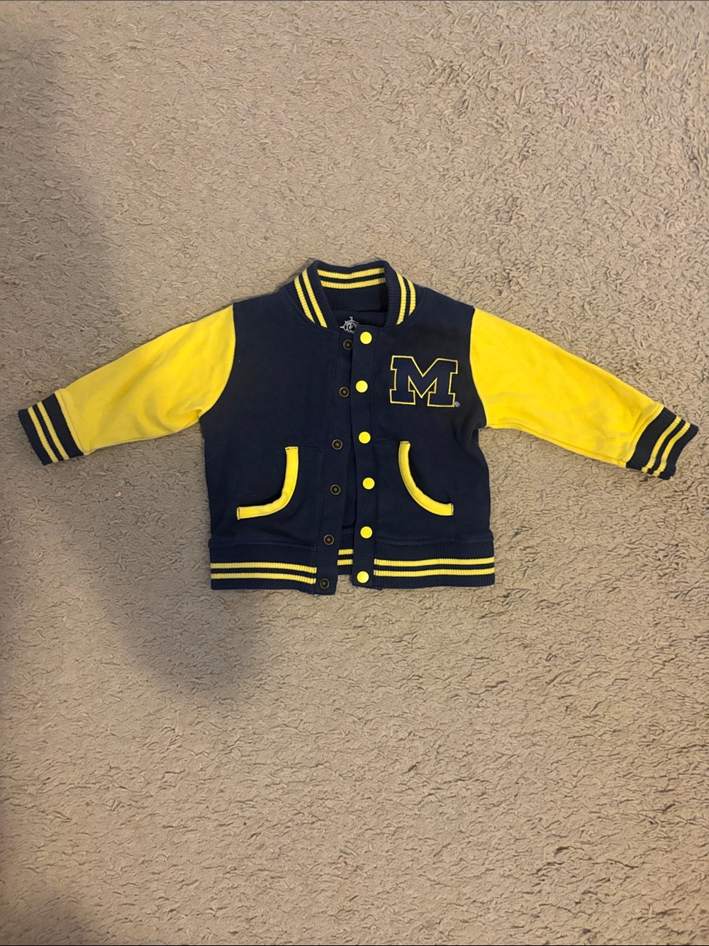 Infant Michigan Maize and Blue Letterman Varsity Jacket. NWOT. Size 3-6 mos